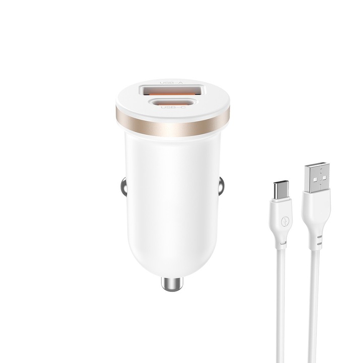 Зарядно за кола 30 W, G-Tech Power Saver CC56, 1x USB-C порт, съвместимо със Samsung Galaxy A54 5G, USB / Type-C кабел за бързо зареждане, бял