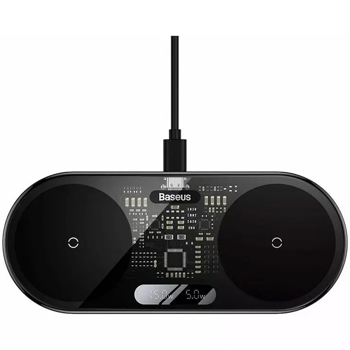 Vezeték nélküli töltő Baseus Digital LED Display Dual Qi, 20W