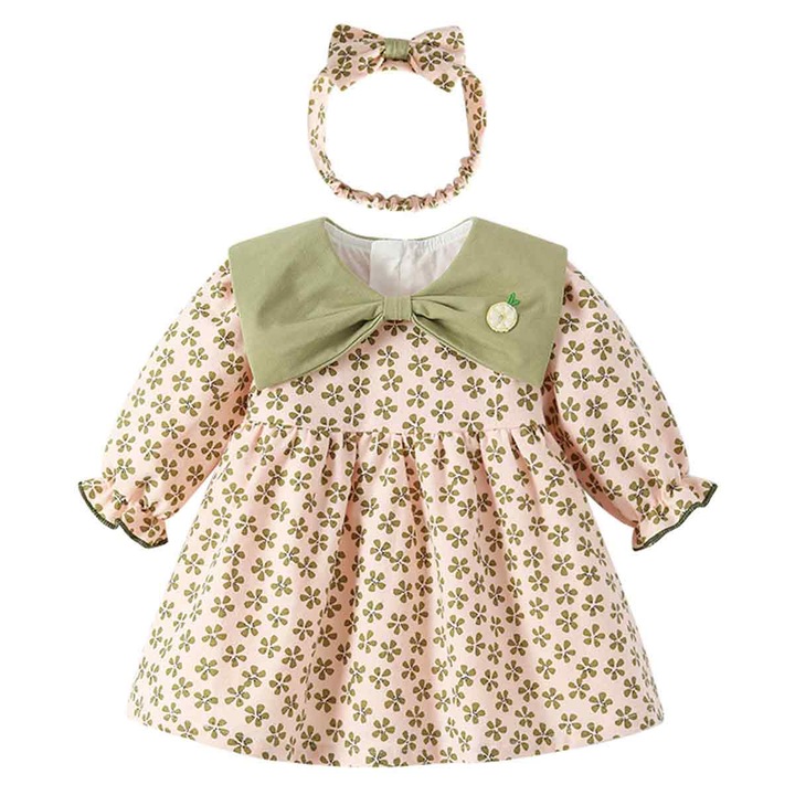 Lányruha/fejpánt szett, MMgoqqt, pamut, rózsaszín/zöld, Zöld/Rózsaszín