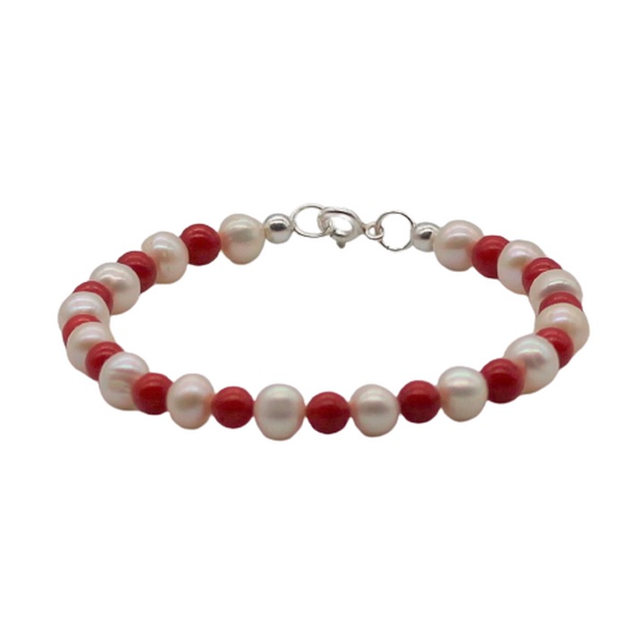 Bratara din perle naturale si pietre semipretioase coral rosu, argint 925, 19 cm