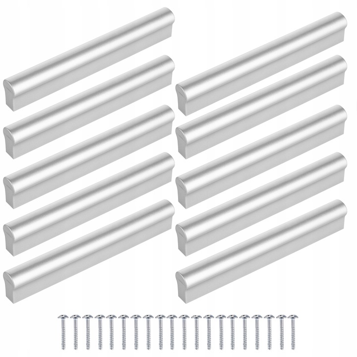 Set 10 Manere Mobila, Meblando, KL, din Plastic, Aplicare Universala, Usor de Montat, 150 mm Lungime, Distanta Gauri 96/128 mm, Suruburi de Fixare Incluse, Argintiu