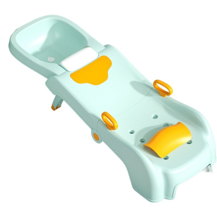 Сгъваема стойка за миене на коса Flippy, за деца, с дренаж, с нехлъзгащи се крачета, полипропиленов материал, регулируема опора за глава, с дръжки, 110 x 35 x 21 cm, зелена