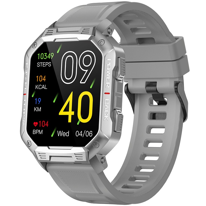Ceas SmartWatch Barbatesc SOLTOY™ NXtreme, Ecran Retina HD 1.83", Apel Bluetooth HD, Ultra Rezistent, Notificari Retele Sociale, Monitorizare Ritm Cardiac si Tensiune Arteriala, Oximetru SpO2, Silver Thunder