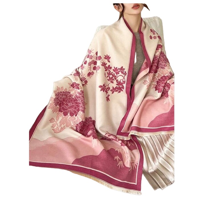 Esarfa lunga tip sal pentru dama din materiale premium, model flori mari roz, culoarea roz si bej, The Casius.®