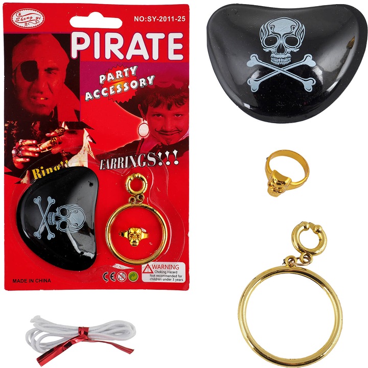 Set Eventy, 1 eyepatch cu snur, 1 inel si 1 cercel de pirat