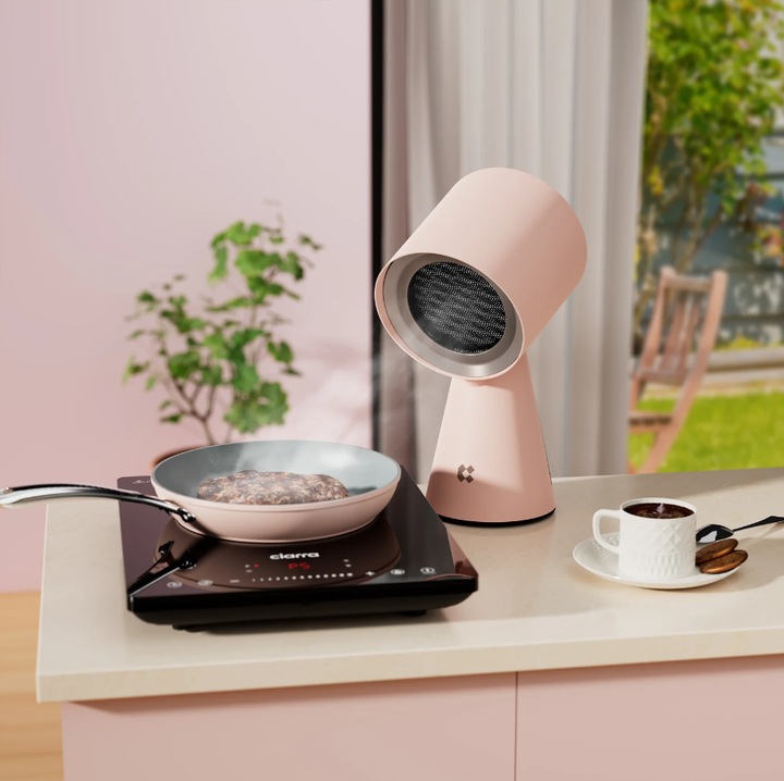 Hota mini portabila Ciarra, Hood To Go, absorptie puternica, recirculare aer, filtru carbon si aluminiu, purificare aer, pentru spatii mici, rulote, 2 trepte de putere, design minimalist, usor de transportat, recipient colectare ulei, roz pastel