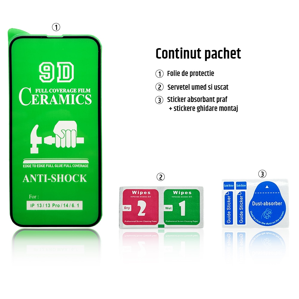 Folie de protectie ceramica, compatibila cu Apple iPhone 14, Full Cover, Negru/Transparenta