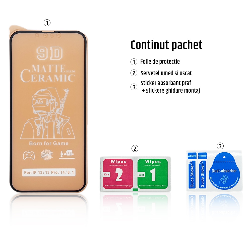 Folie de protectie ceramica, compatibila cu Apple iPhone 13, Full Cover, Negru/Mata