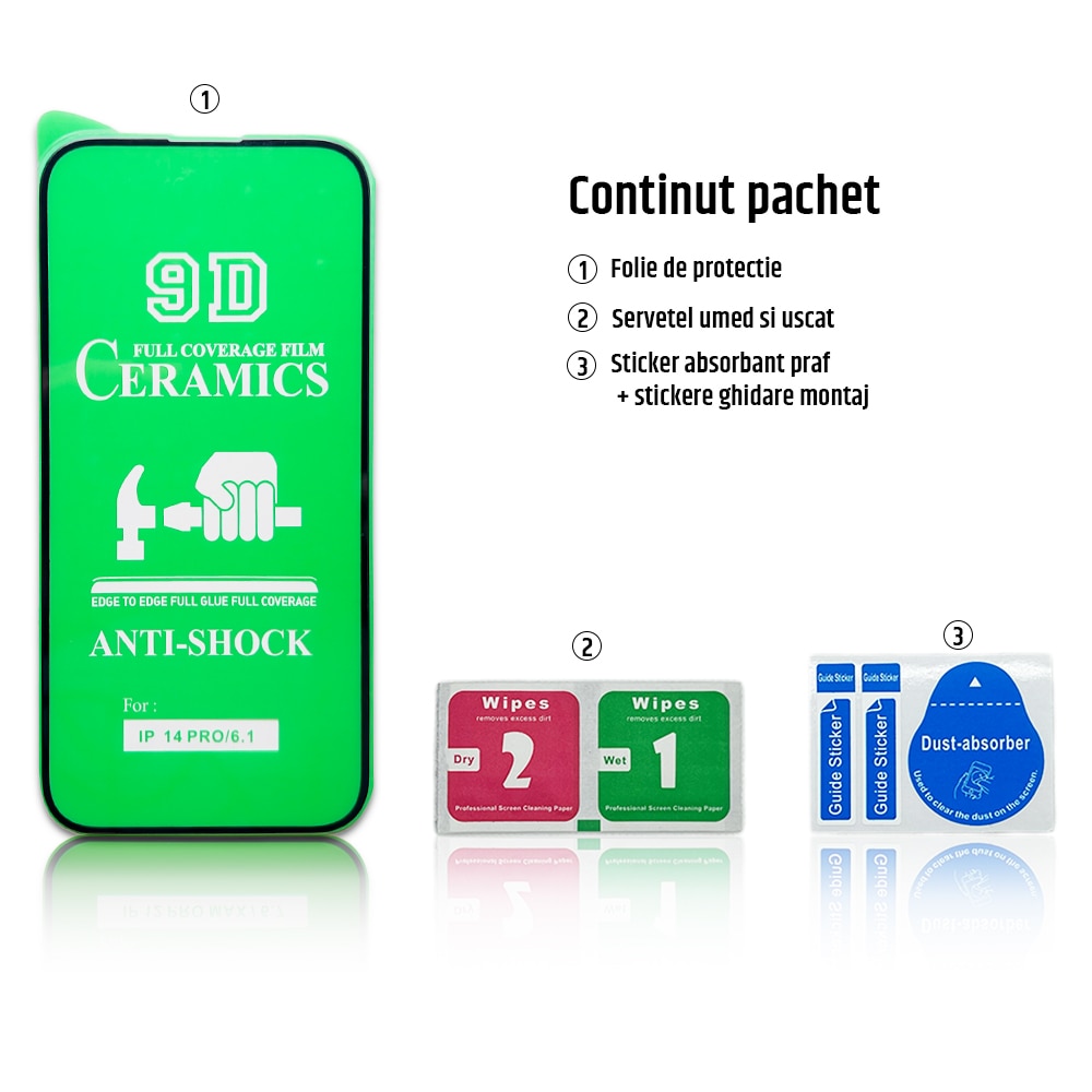 Folie de protectie ceramica, compatibila cu Apple iPhone 14 Pro, Full Cover, Negru/Transparenta