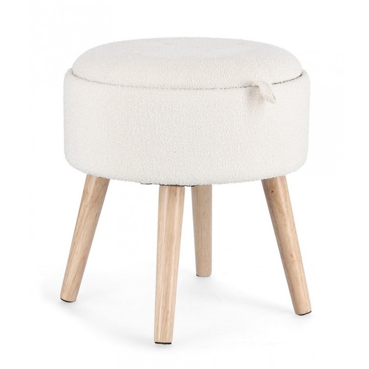 Taburet capac detasabil lemn natur textil alb Zoya 39x42.5 cm