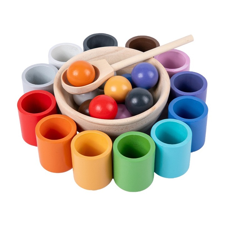 Монтесори игра за умения и сортиране с дървени топки Топки и Чаши, Многоцветни