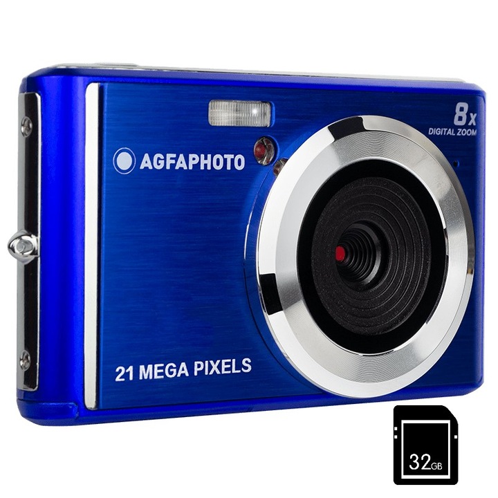 Pachet Camera foto digitala AgfaPhoto DC5200 21MP HD 720p si card 32 GB, Albastru