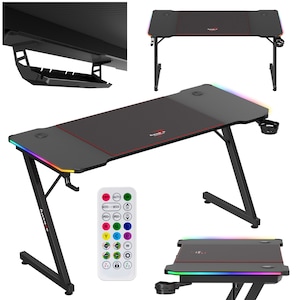 Birou gaming Huzaro, Hero 3.3, RGB LED, 140 x 60 x 74 cm, Iluminare LED, Telecomanda, 2 intrari pentru cabluri, organizator de cabluri, picioare reglabile, suport pentru casti si suport pentru bauturi inclusiv mousepad 80 x 58 cm, Negru
