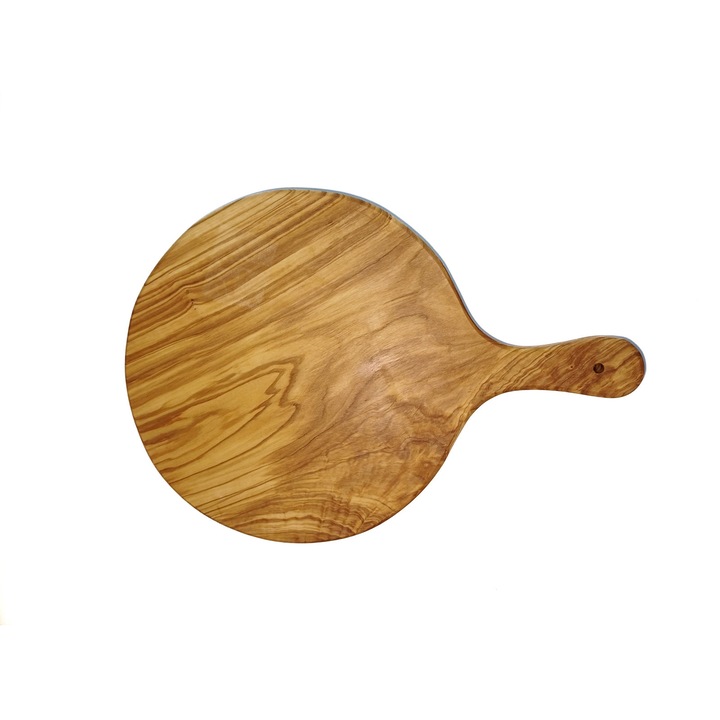 Tocator din lemn de maslin, rotund, cu maner, Napoli, 41x29x2 cm