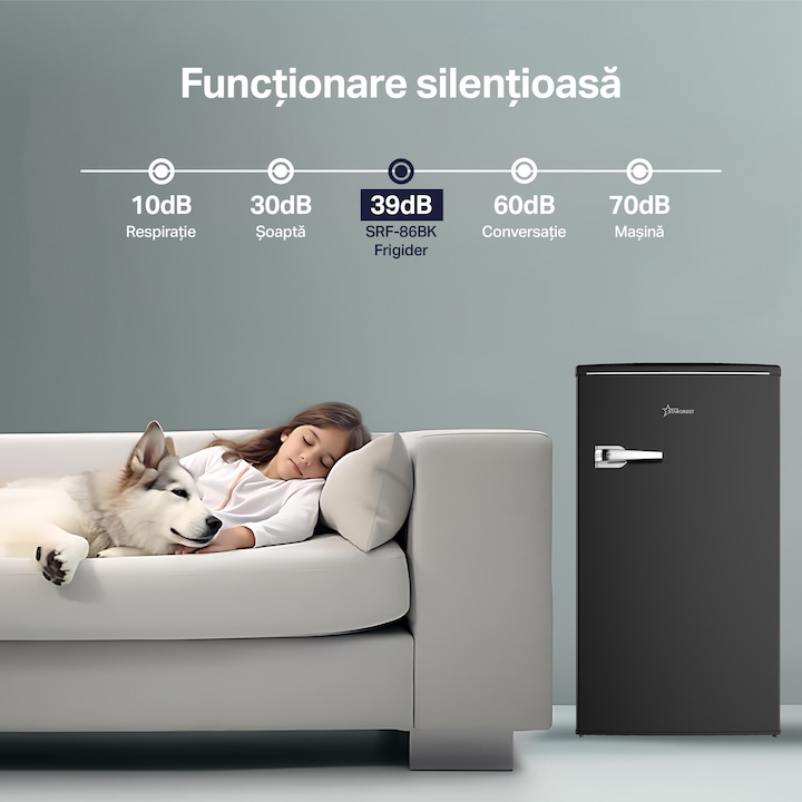 Frigider cu o usa STARCREST SRF-86BK, Design Vintage, 85 l, Clasa E, Iluminare interioara, H 84 cm, Negru