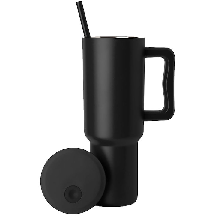 Cana Termos Elindor®, din Otel Inoxidabil, 1200 ml, Izolatie Termica cu Pereti Dubli, cu Capac si Pai Reutilizabil, Rezistenta la Scurgeri, Ideala pentru Apa, Ceai, Cafea sau Smoothie, Utilizare in Masina Suport Auto, Negru