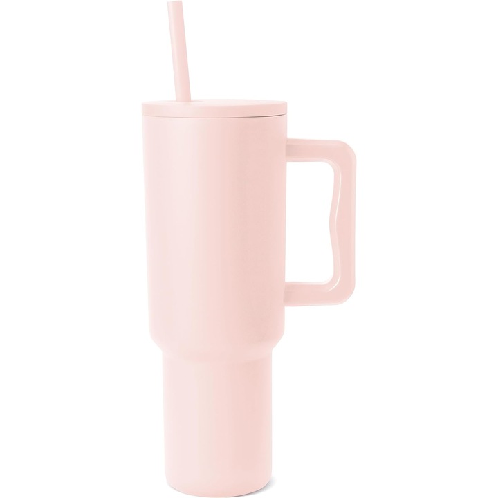 Termosz bögre fogantyúval és szalmatetővel, 1200 ml, hőálló rozsdamentes acélból, Peachy Pink