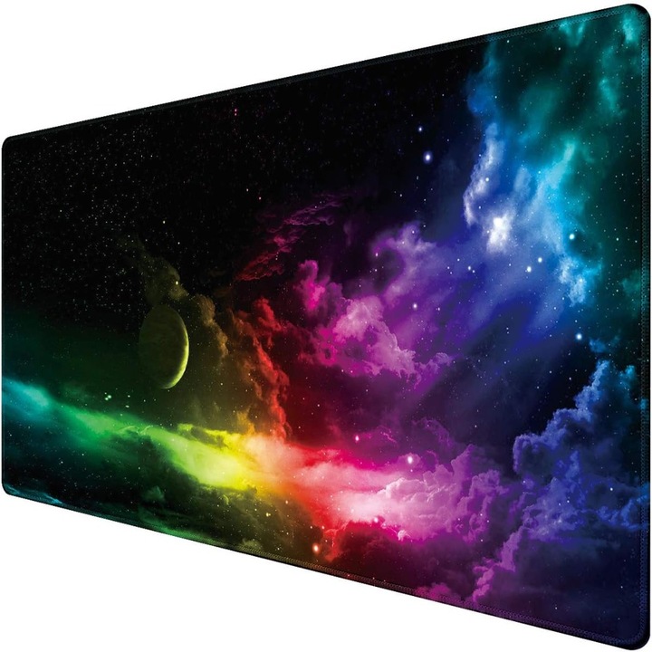 Mousepad Mare Cauciucat Velixo®, Pentru Gaming, Birou, Office, Antiderapant, Cusaturi Anti-Rupere, Waterproof, model Galaxie, 80 x 30cm, Negru