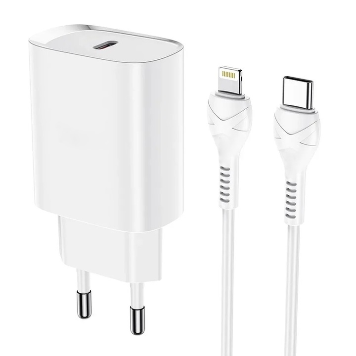 Зарядно за таблет, 20 W, съвместимо с iPad, Quick BoostCharge, Адаптивно бързо зареждане, Защита от пренапрежение, USB Type C кабел към щепсел тип Lightning, 3A, Бял