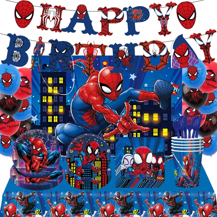 Set 82 de piese vesela petrecere Spiderman pentru 10 copii ANTADESIM, servirea mesei si decorare cu 10 pahare, farfurii mici, farfurii mari, furculite, cutite, linguri, servetele, stegulete decorative si fata de masa, baloane, Albastru