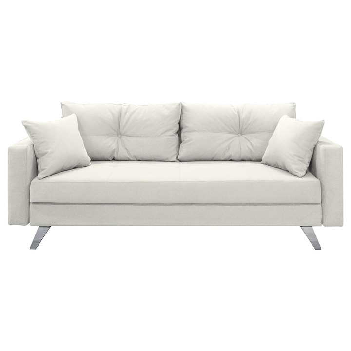 Canapea extensibila Sofia, cu lada de depozitare si picioare argintii, stofa p04 alb