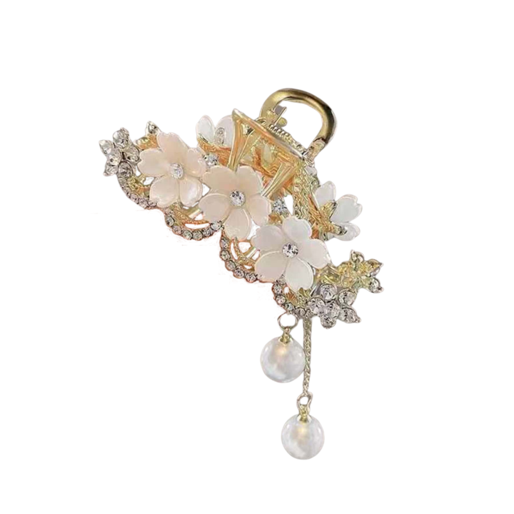 Hajcsat virágokkal és kristályokkal, arany és fehér, hossza 6 cm