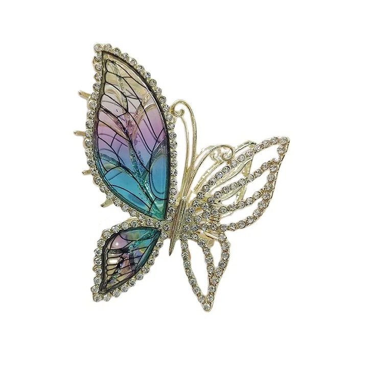 Clama de par cu decor fluture cu pietre stralucitoare, Auriu-Mov, 7x6cm