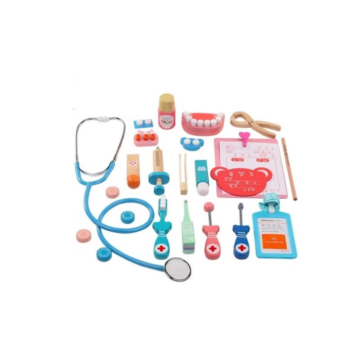 Joc din lemn Alainn ®, trusa doctor pentru joc de rol, stomatolog, periuta de dinti, stetoscop, termometru, seringa si alte accesorii, pentru copii peste 3 ani