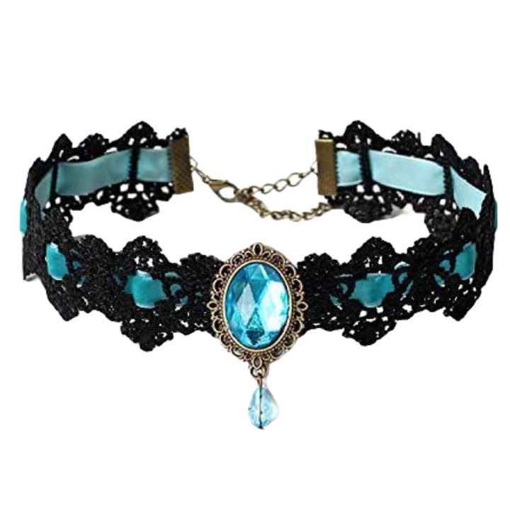 Colier din dantela, cadou Halloween, cristal artificial, albastru, 32cm