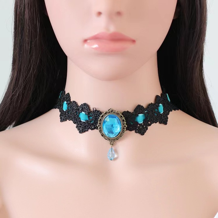 Colier din dantela, cadou Halloween, cristal artificial, albastru, 32cm