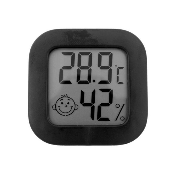 Термометър/Хигрометър Welora, Дигитален, LCD дисплей, Прецизен мониторинг на температурата (-10°C до +70°C) и влажността (10%-90% RH), Монтиране чрез самозалепваща се лента или окачване, Включена батерия, Черен, Кутия 45x45x13 мм