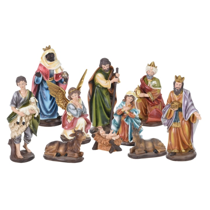 Set 10 figurine din scena Nasterii Domnului, inaltime maxima 18 cm