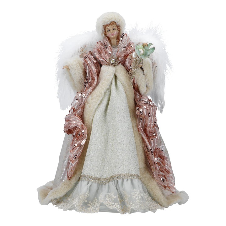 Varf de brad inger din portelan, alb si crem cu roz, iluminat LED, inaltime 41,5 cm