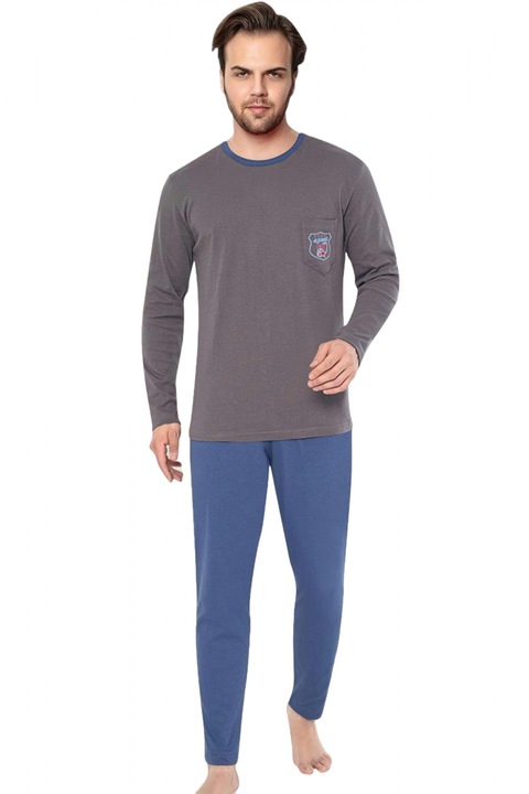 Interlock pamut pizsama férfiaknak, hosszú ujjú, sima mintás, szürke 5612, Szürke