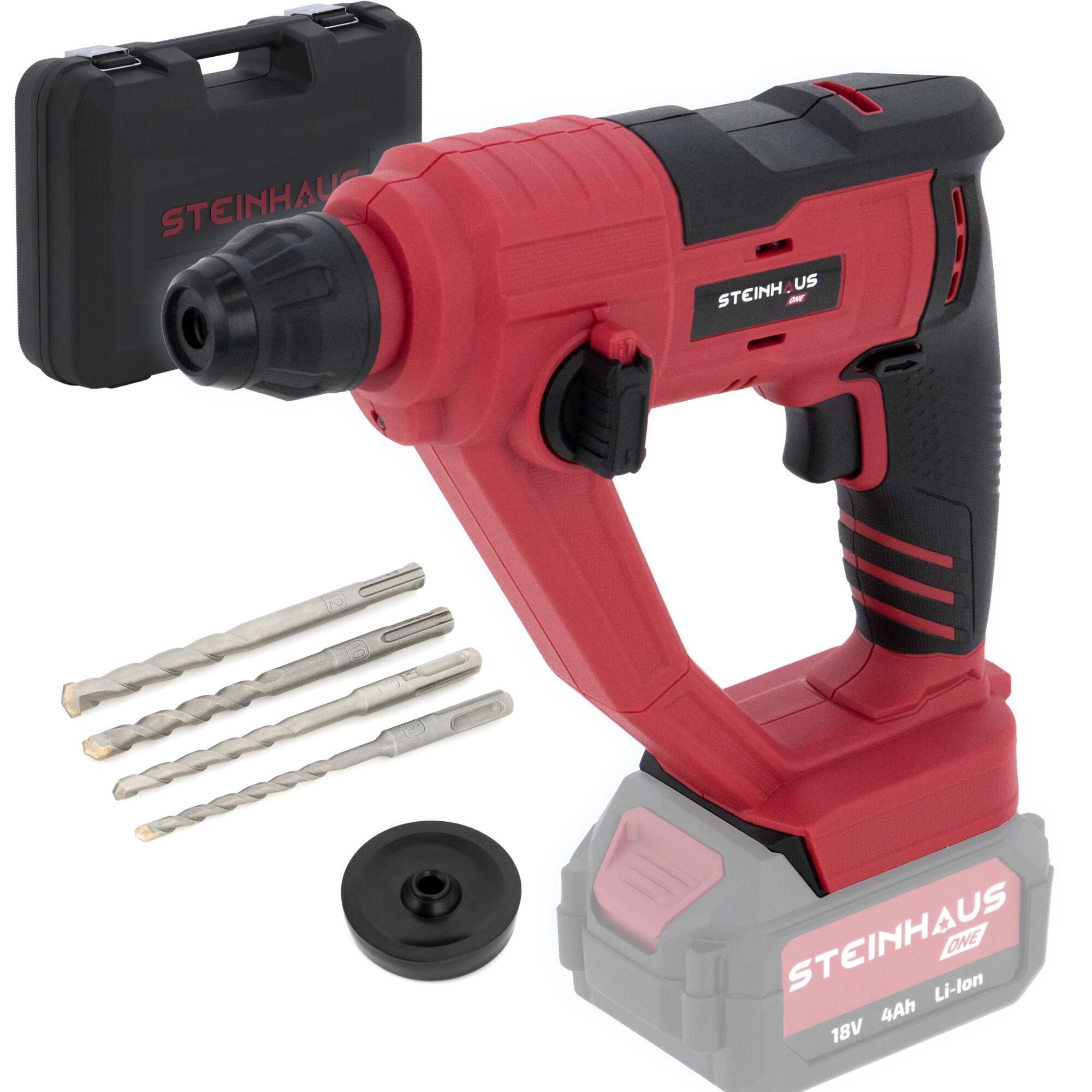 Ciocan rotopercutor pe acumulator Steinhaus ONE 18V, PRO-ONE-RH, 1.5 J, 900 RPM, 5100 percutii/min, mandrina SDS-Plus, 2 functii, fara acumulator/incarcator, valiza transport + acc