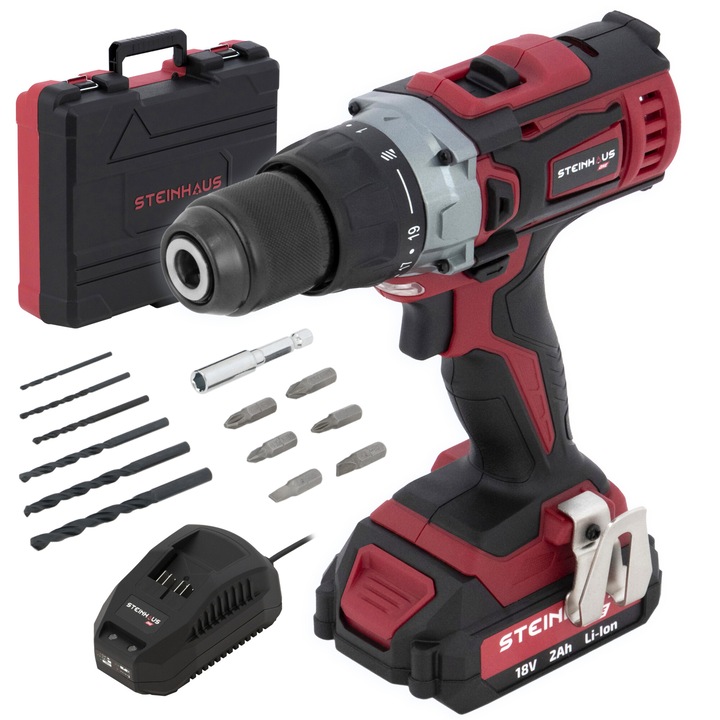 Акумулаторна бормашина Steinhaus ONE 18V, PRO-ONE-CD2, 45Nm, 20 степени, 2 степени на скоростта, 1600 об/мин, С 2Ah Li-Ion батерия и зарядно 2.4A, Транспортен куфар + аксесоари