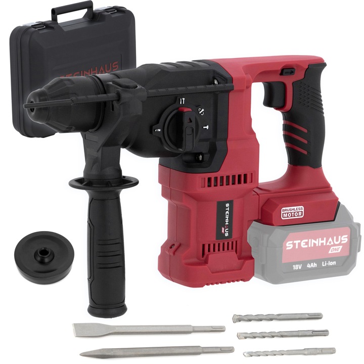 Акумулаторен перфоратор Steinhaus ONE 18V, PRO-ONE-RH2, Brushless, 2.8 J, 1150 об/мин, 5100 удара/мин, SDS-Plus патронник, 4 функции, Транспортна кутия + аксесоари, Без батерия/зарядно