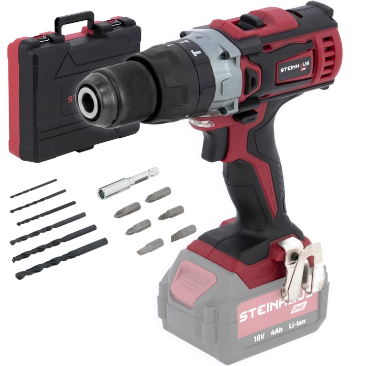 Акумулаторна ударна бормашина Steinhaus ONE 18V, PRO-ONE-CDH, 45Nm, 19 степени, 2 степени на скоростта, 1600 об/мин, Транспортна кутия + аксесоари, Без батерия/зарядно