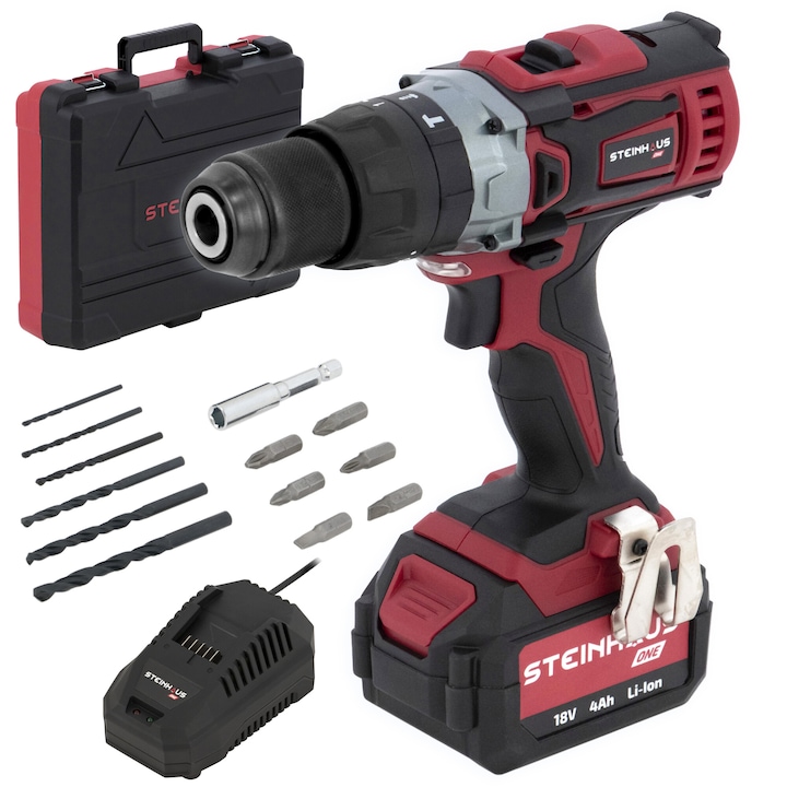 Акумулаторна ударна бормашина Steinhaus ONE 18V, PRO-ONE-CDH2, 45Nm, 19 степени, 2 степени на скоростта, 1600 об/мин, С 4Ah Li-Ion батерия и зарядно 4.5A, Транспортна кутия + аксесоари