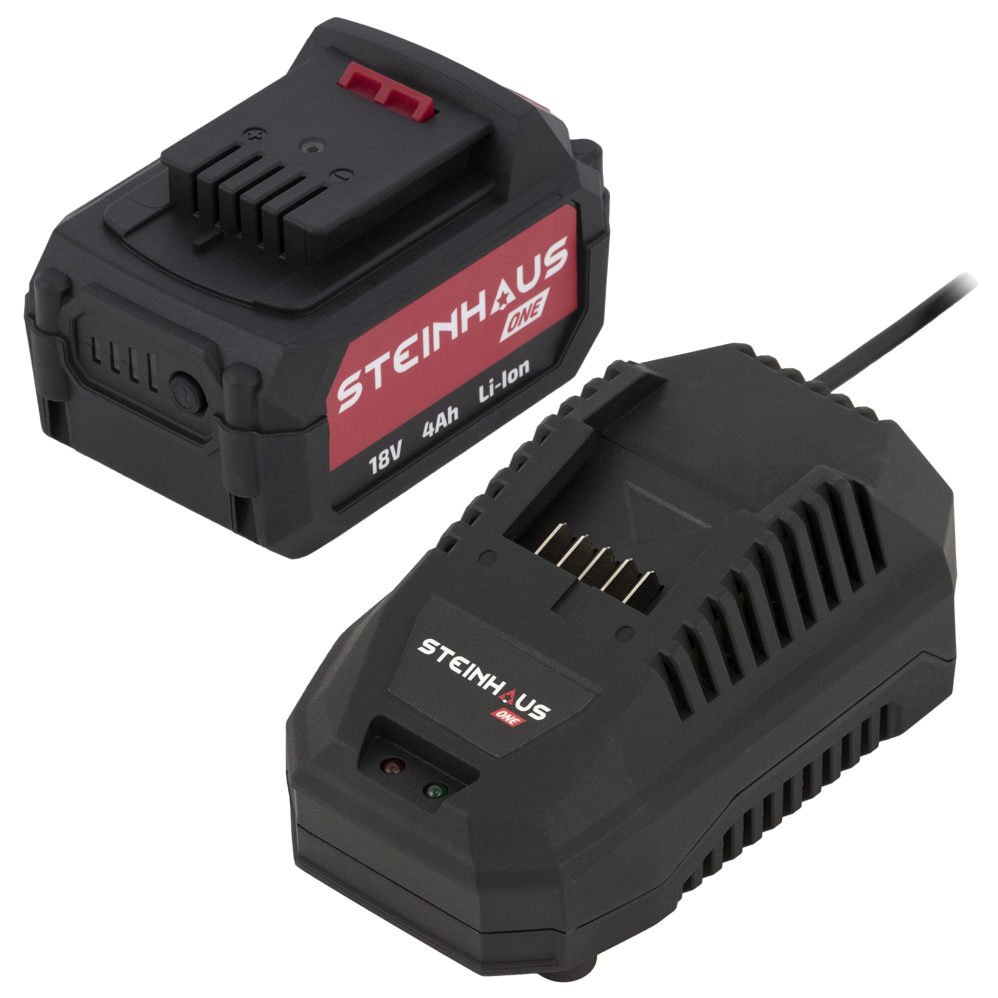 Set acumulator si incarcator rapid Steinhaus ONE 18V, PRO-ONE-BAT4CH, acumulator 18V Li-Ion cu capacitate 4Ah, incarcator rapid 4.5A