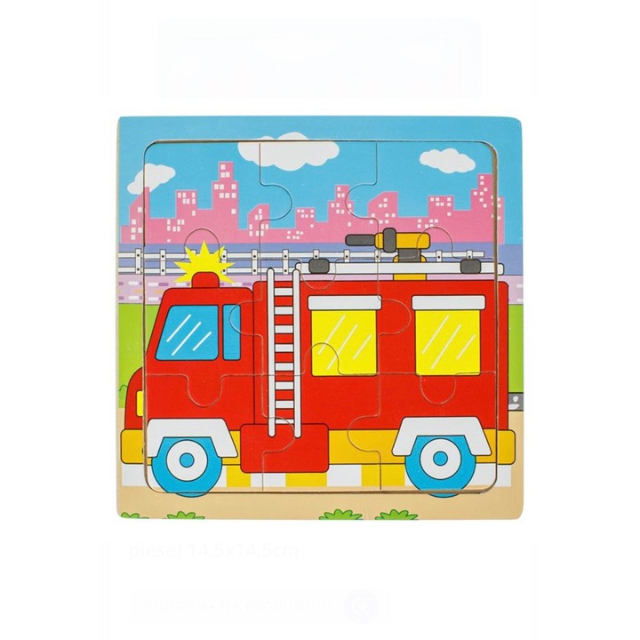 Puzzle Incastru din Lemn Vehicul Pompieri 9 Piese