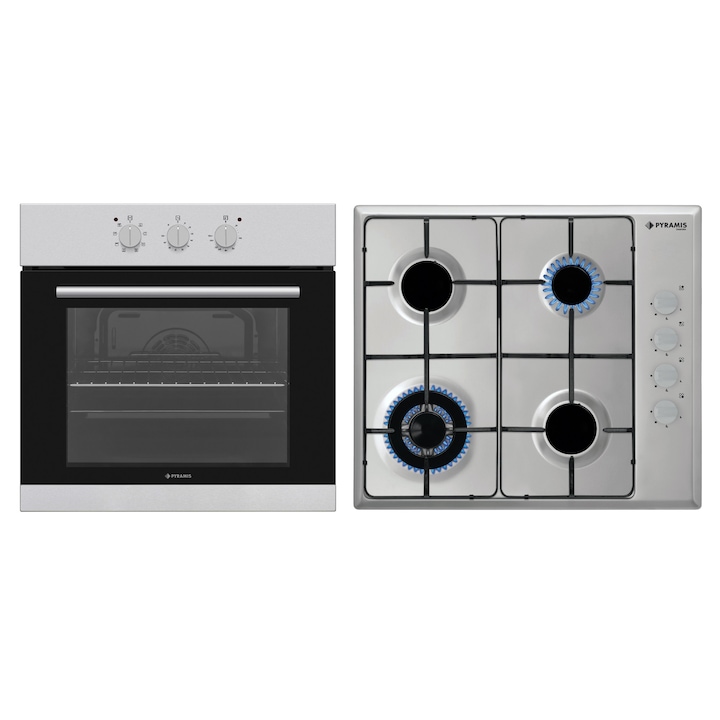 Pachet Pyramis Premium 60016501, cuptor electric incorporabil si plita gaz, 8 moduri de operare, clasa A, volum 69 litri, control mecanic, timer, easy clean, gratare fonta, finisaj sticla neagra si inox