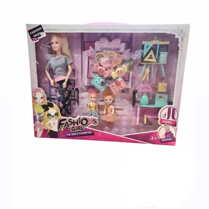 Baba 2 gyerekkel és kiegészítőkkel 29 cm