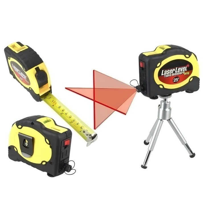 Nivela laser cu ruleta, Zola®, masoara 7.5 m, poloboc integrat, trepied, unda laser 630-680 nm, 35x110x80 mm, galben/negru