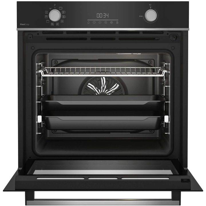 Фурна за вграждане Beko BBIM13300XMPSEF, Електрическа, 72 л, Пиролитично самопочистване, FlexiCrisp, AEROperfect, RecycledNet, SteamShine Cleaning, Телескопични рафтове, SoftClose врата, Грил, 3D Готвене, Клас A+, Черна