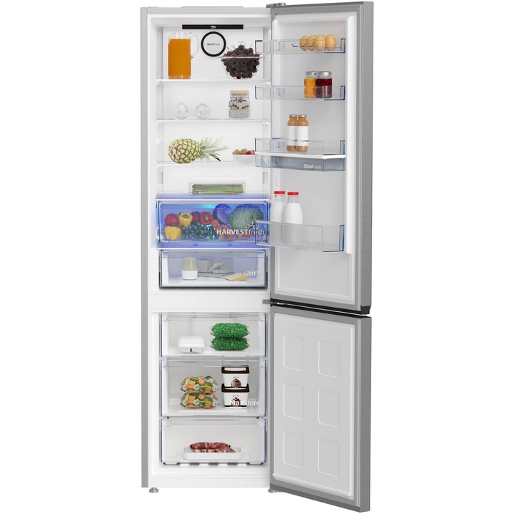 Combina frigorifica Beko B3RCNA404HDXB1, 355 l, No Frost, Clasa E, HarvestFresh, Slim tank water dispenser, AeroFlow, H 203.5 cm, Argintiu