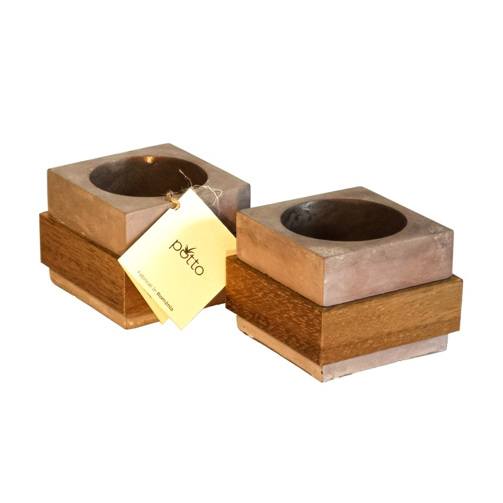 Set de doua ghivece decorative pentru plante, Potto, fabricate din beton si lemn masiv, maro, interior d5.5 x h5.3 cm