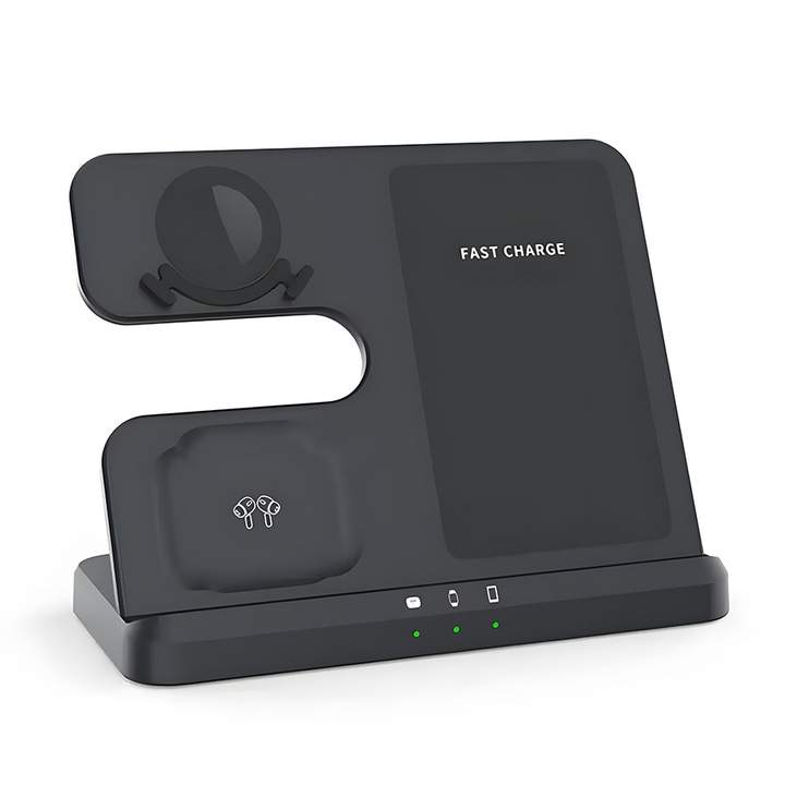 Incarcator Wireless 3-in-1, Universal, 15W/10W/7.5W/5W, Qi, Negru, cu Protectii Multiple, Compatibil cu iPhone, Samsung, Huawei, Xiaomi