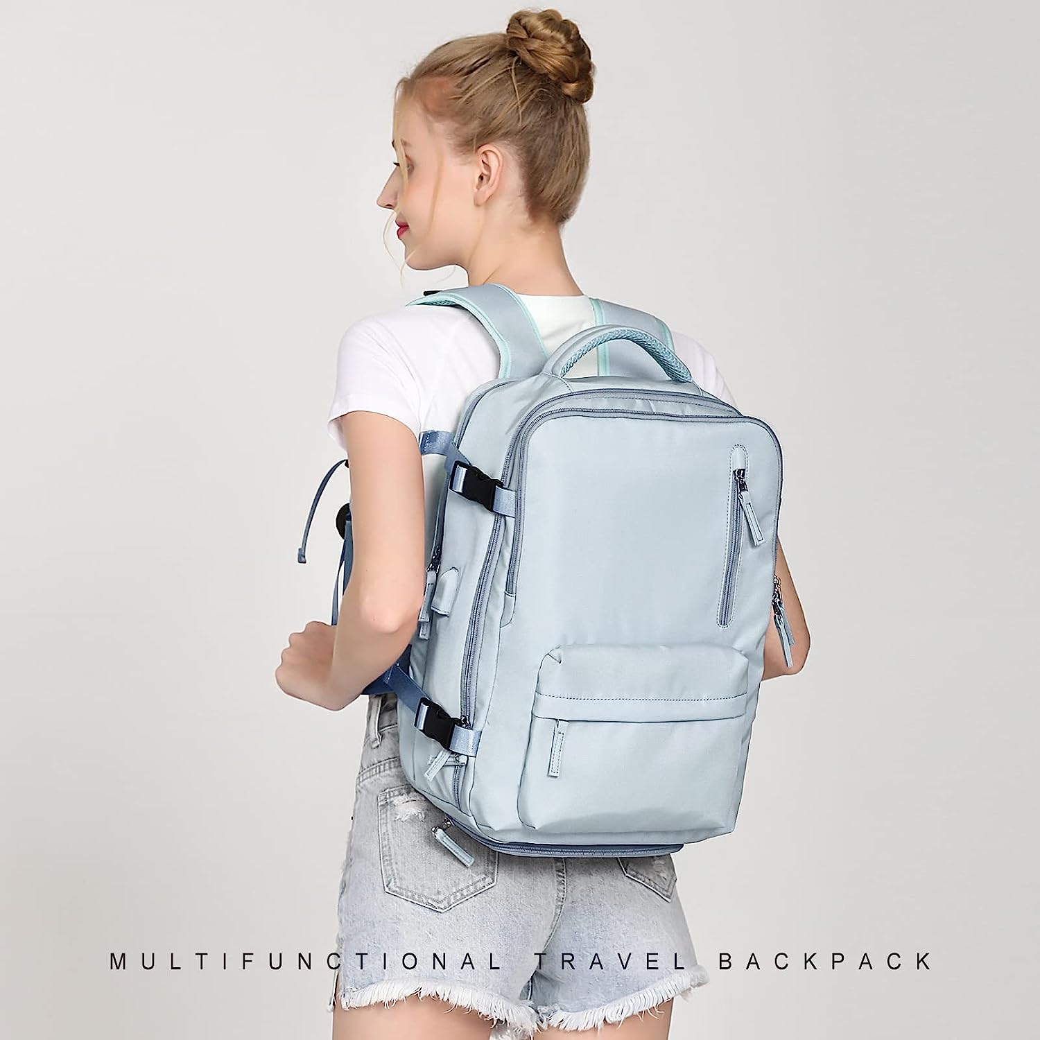 Rucsac de Calatorie, WizzAir, Multifunctional, port de incarcare USB, pana la 35 L, Impermeabil, 42x30x20 cm, Albastru deschis, OBRALIX®