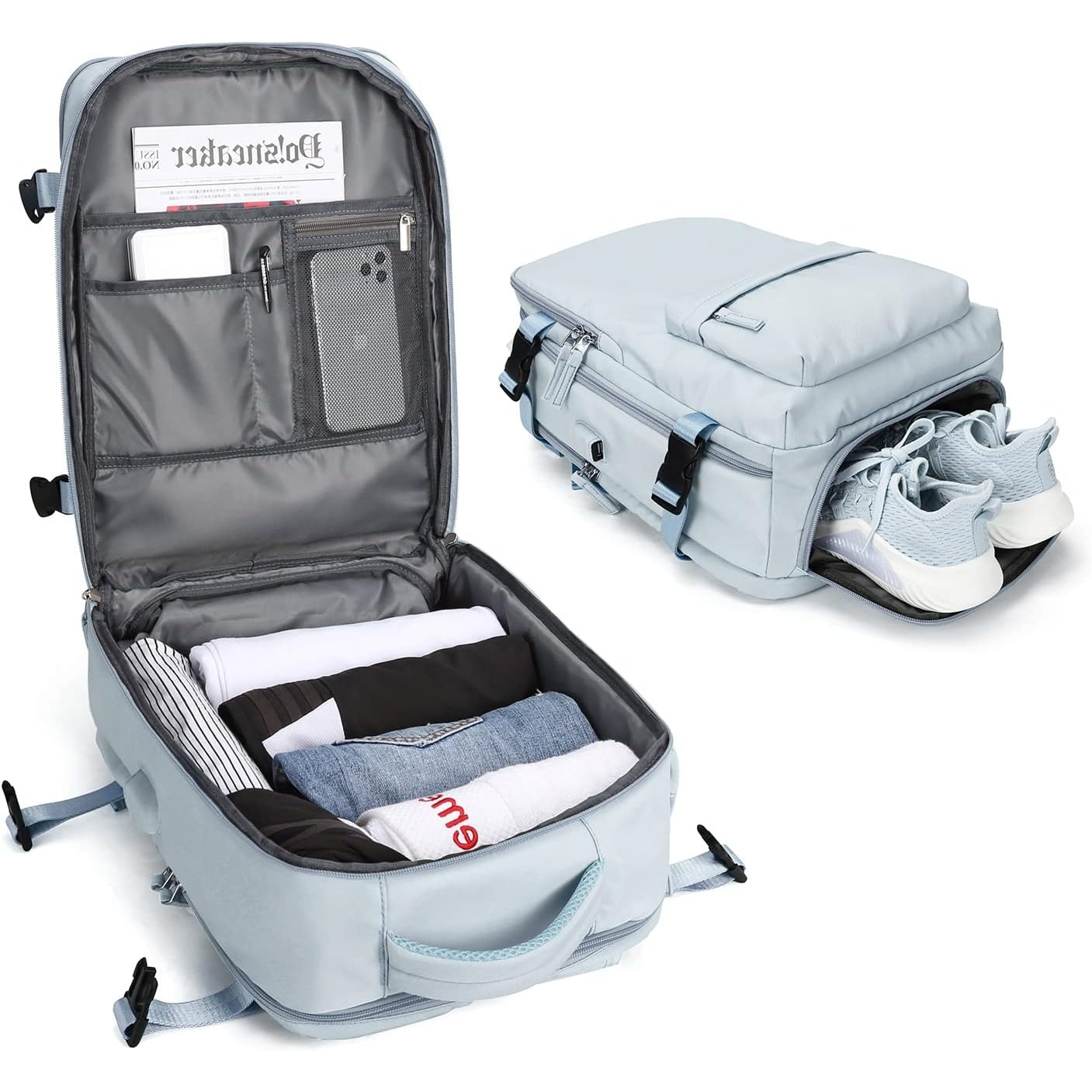 Rucsac de Calatorie, WizzAir, Multifunctional, port de incarcare USB, pana la 35 L, Impermeabil, 42x30x20 cm, Albastru deschis, OBRALIX®